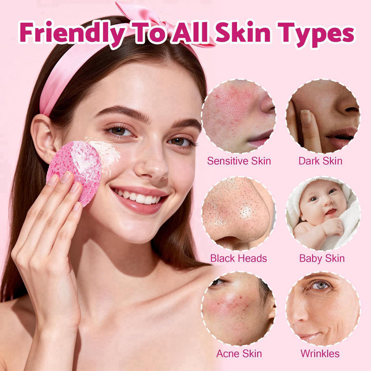 NEOACT 320-Count Compressed Facial Sponges, Natural Cellulose Face Sponge, Pink – full view