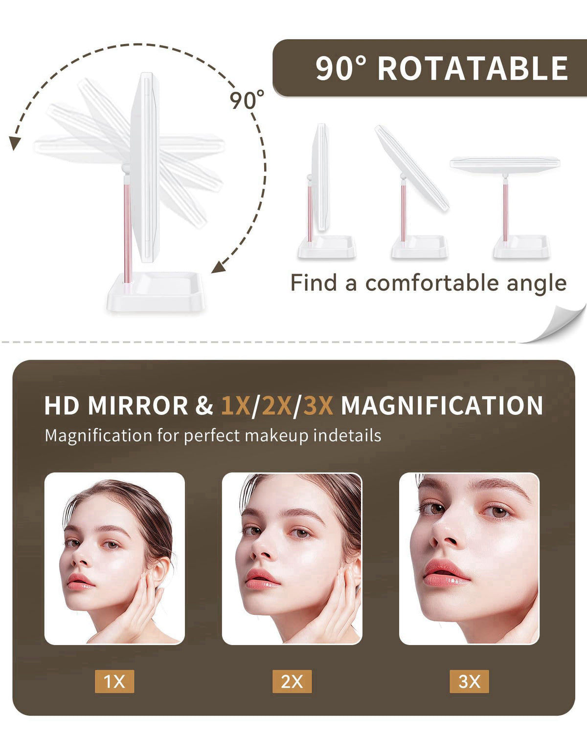 BERTHALESS Makeup Mirror Vanity Mirror with Lights, 1X 2X 3X Magnification – back view and specifications