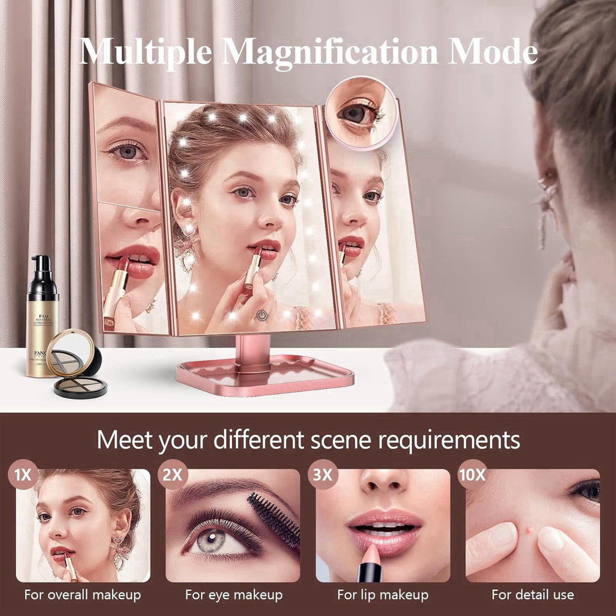 HUONUL 2X/3X/10X Magnifying Vanity Mirror with Light, Trifold Makeup Mirror – close-up detail