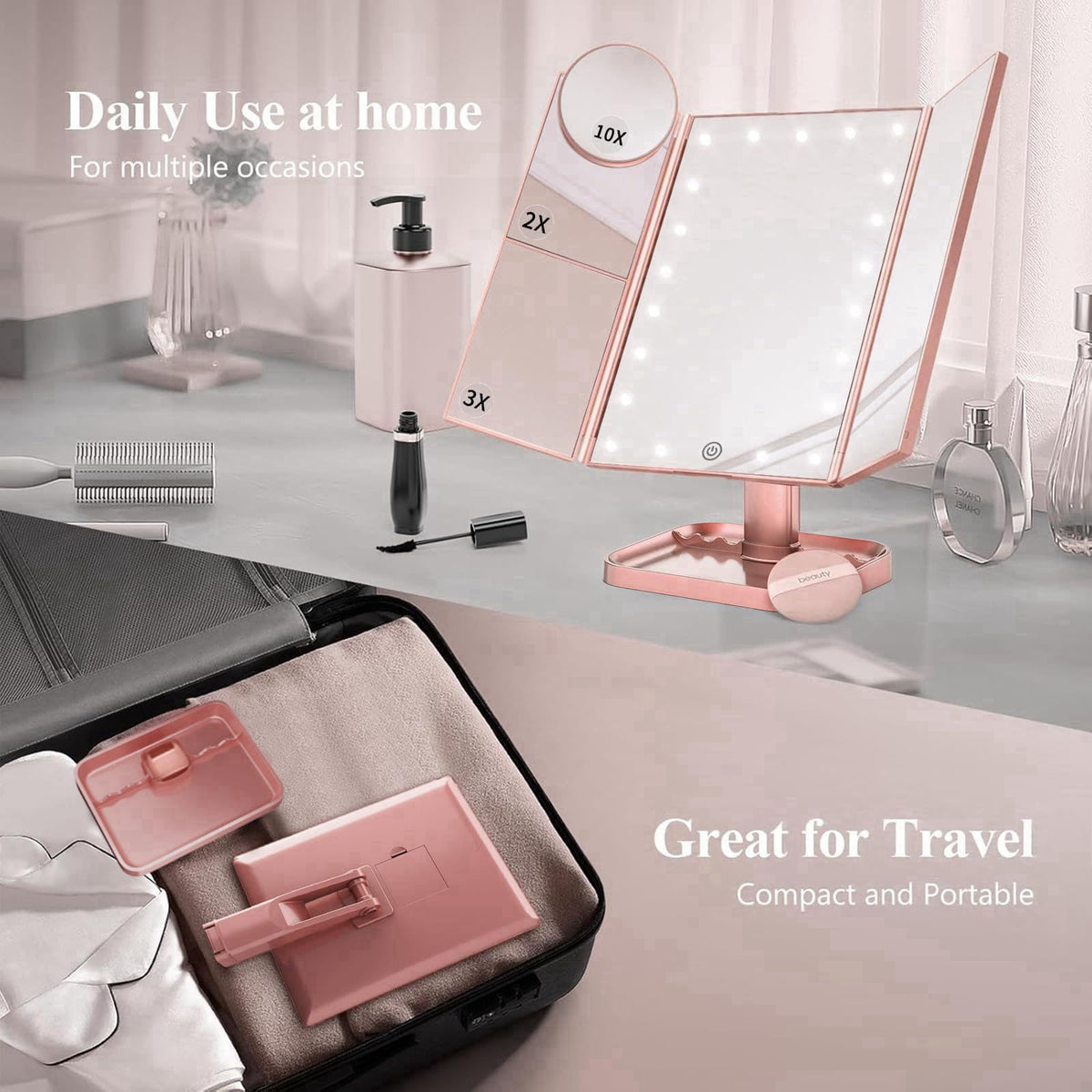 HUONUL 2X/3X/10X Magnifying Vanity Mirror with Light, Trifold Makeup Mirror – back view and specifications