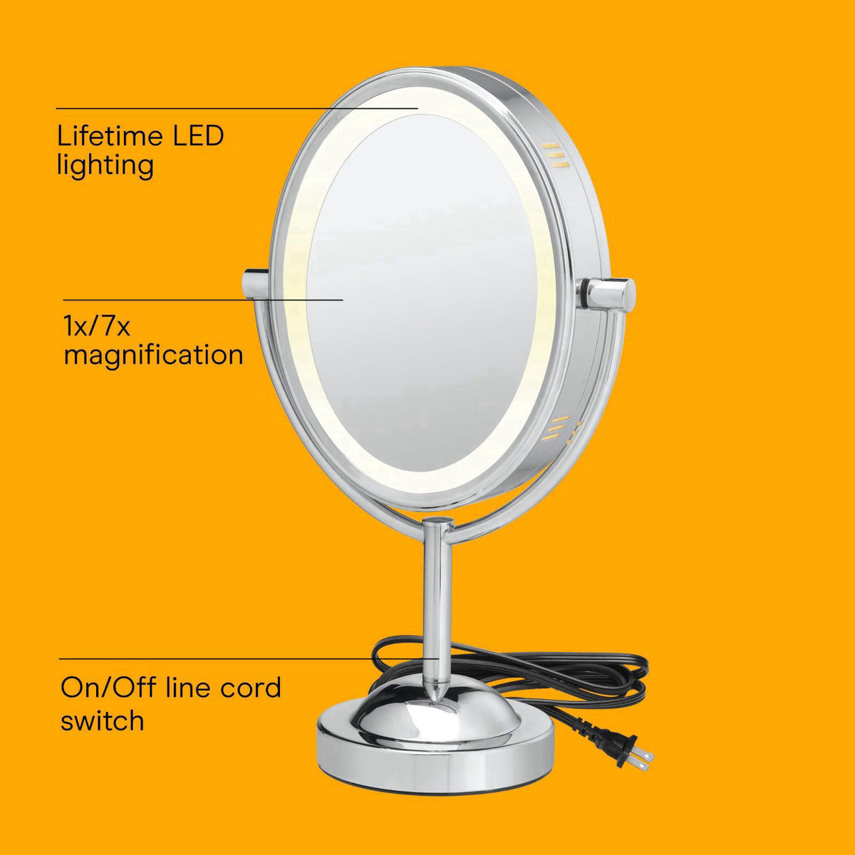 Conair Lighted Vanity Mirror, LED, 1X/7X Magnifying, Double Sided – close-up detail in Polished Chrome Finish