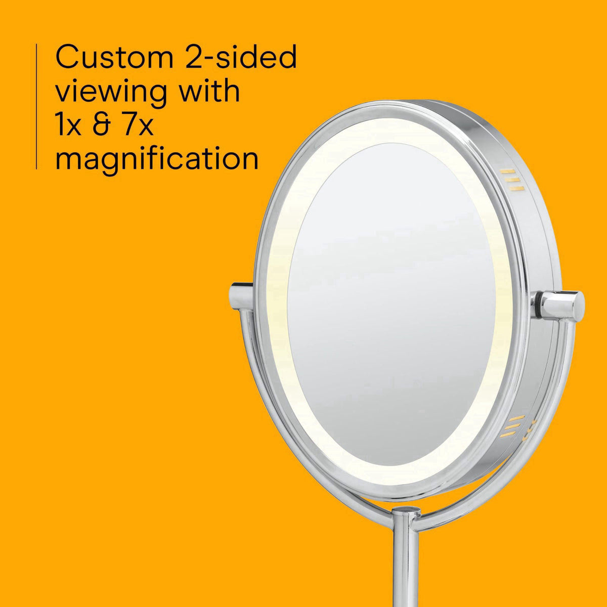 Conair Lighted Vanity Mirror, LED, 1X/7X Magnifying, Double Sided – back view and specifications