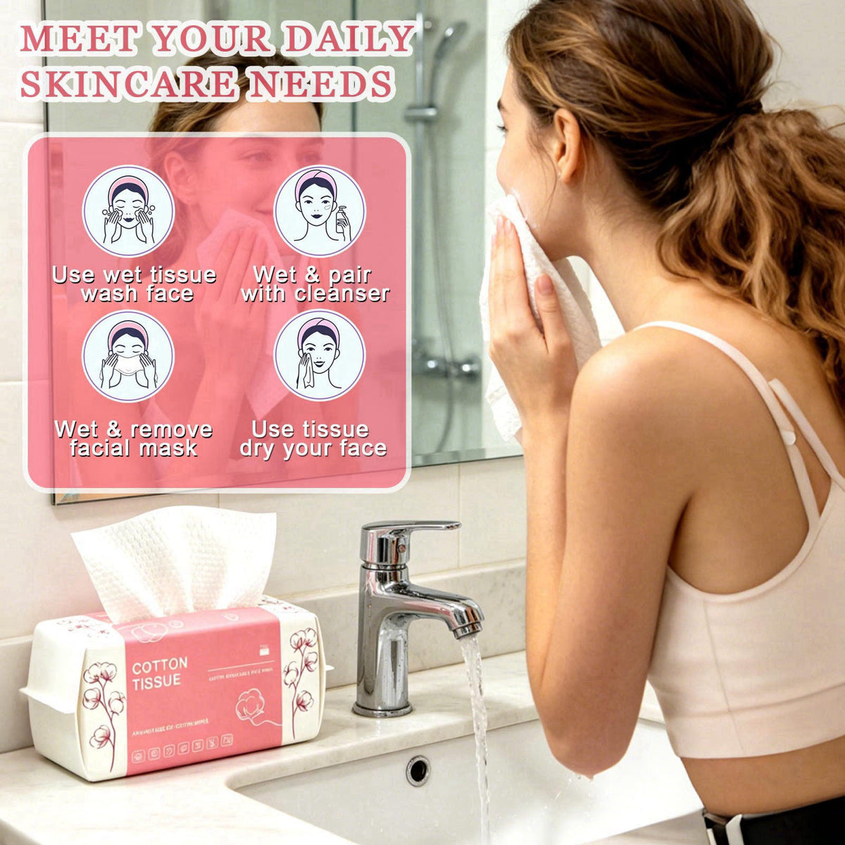 Futetui 600 Count Disposable Face Towel, Dual-Textured Facial Wash Cloth – packaging and label