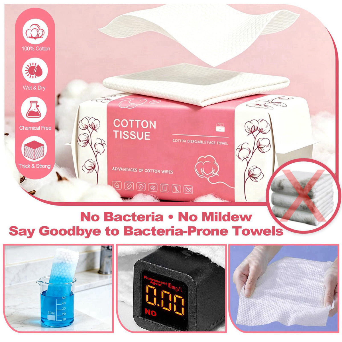 Futetui 600 Count Disposable Face Towel, Dual-Textured Facial Wash Cloth – back view and specifications