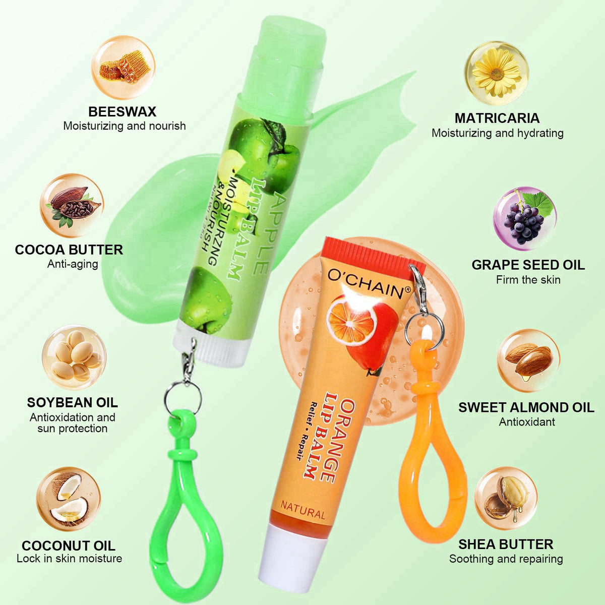 O'CHAIN 24 Pack Lip Balm Set, Squeeze & Stick, Keychain, Moisturizing – close-up detail in 24 Pack