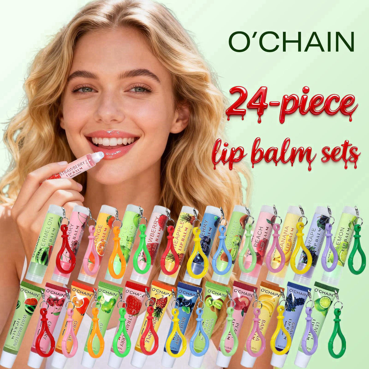 O'CHAIN 24 Pack Lip Balm Set, Squeeze & Stick, Keychain, Moisturizing – full view