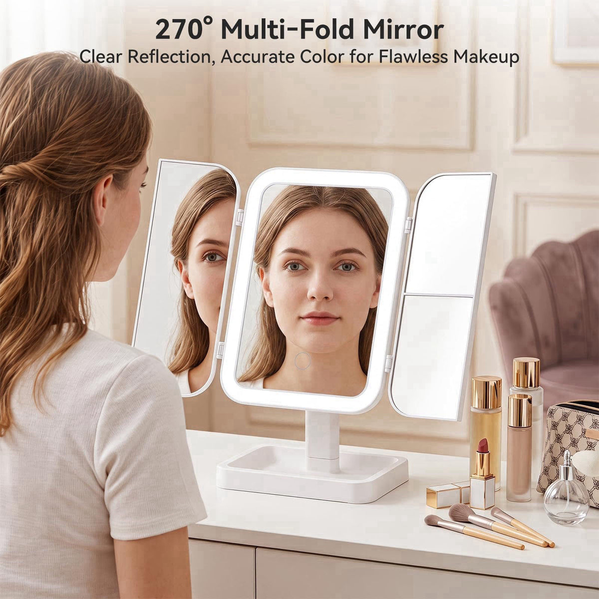 FaHaner 13" Fold Lighted Makeup Mirror, 3-Color Tri-Fold LED Vanity Mirror – packaging and label