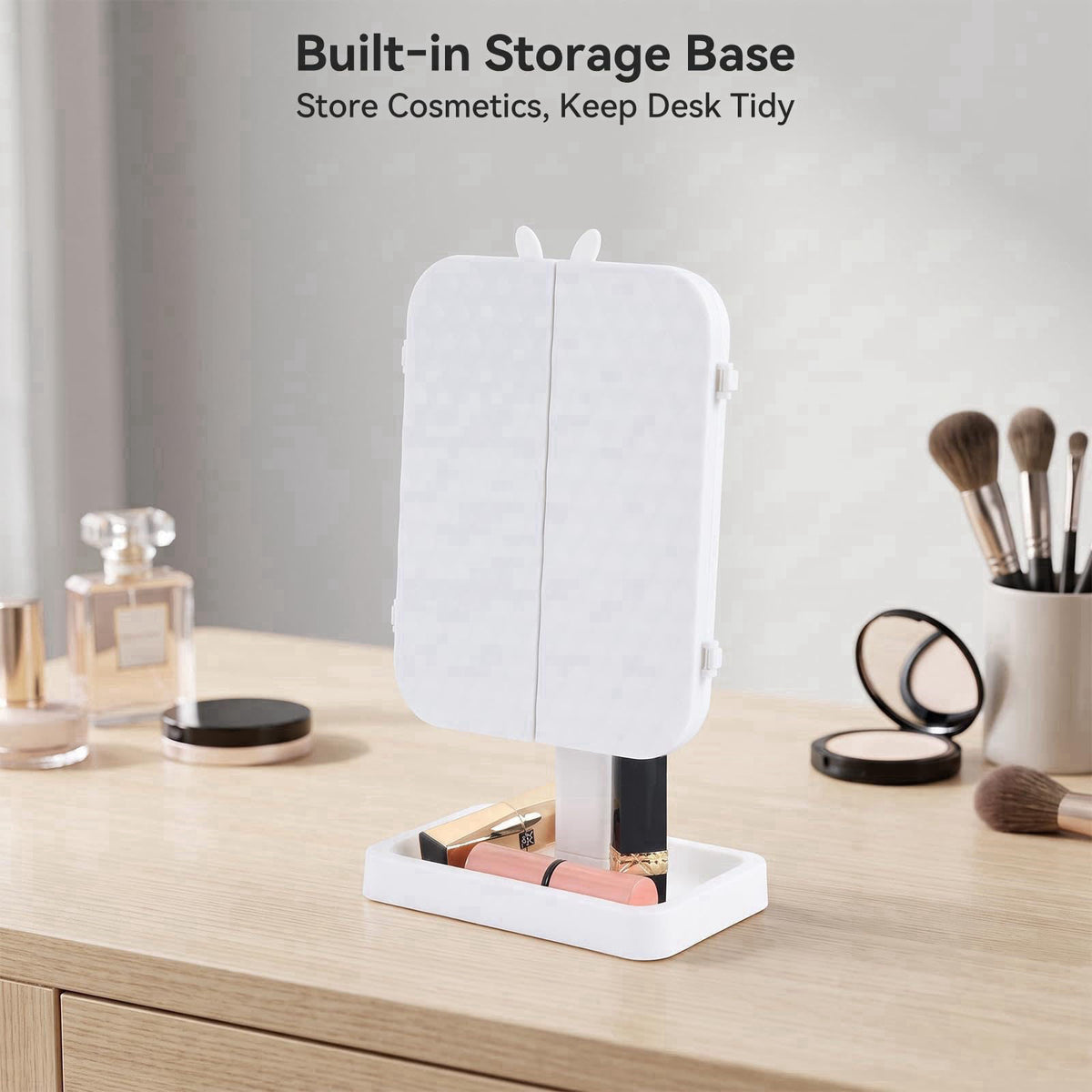 FaHaner 13" Fold Lighted Makeup Mirror, 3-Color Tri-Fold LED Vanity Mirror – back view and specifications