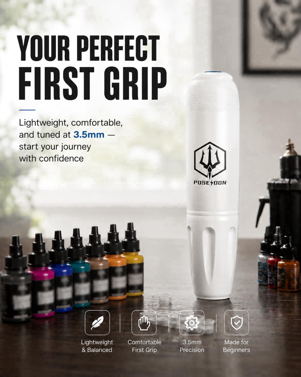 POSEIDON Wireless Tattoo Gun Kit with 2 Batteries for Beginners & Artist – packaging and label