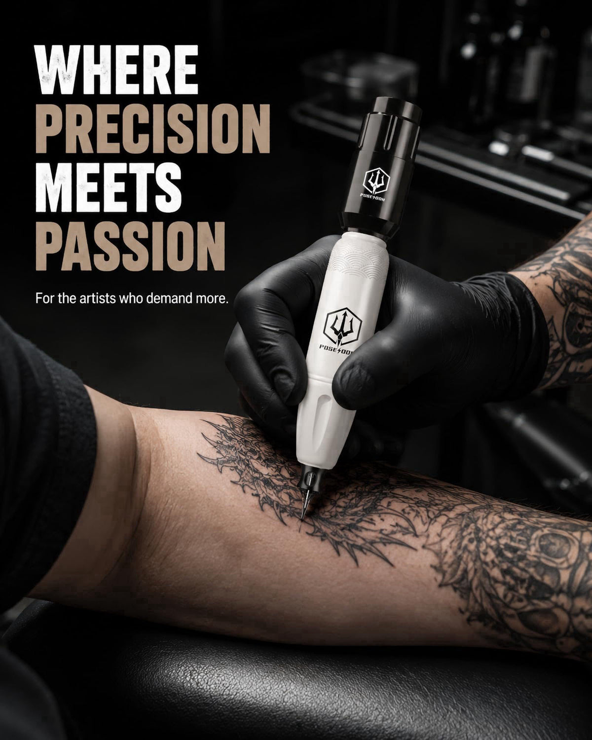 POSEIDON Wireless Tattoo Gun Kit with 2 Batteries for Beginners & Artist – back view and specifications