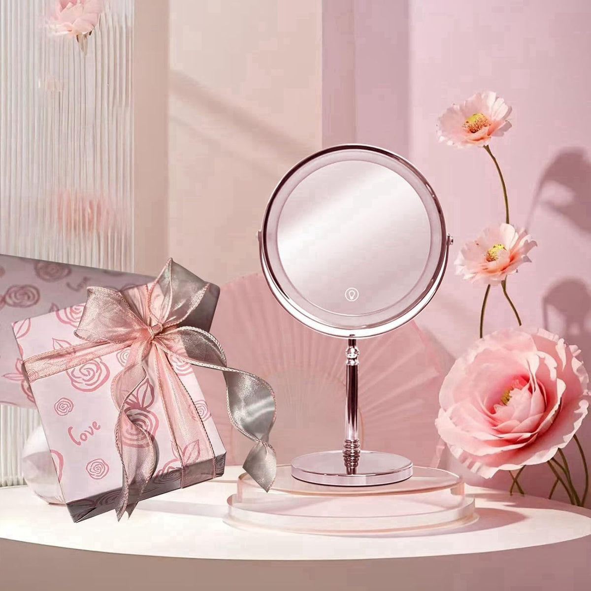 Creocasy Makeup Mirror with Lights ，8 Inch 1X/10X Rechargeable Double Sided Magnifying, 360° Rotation LED HD Mirror with