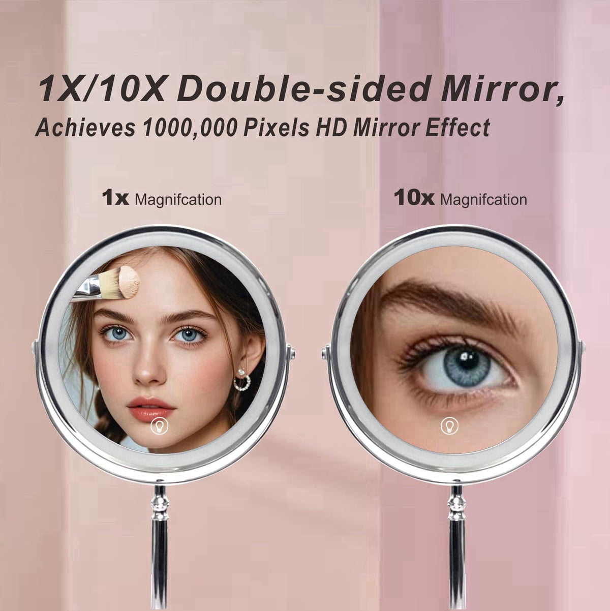 Creocasy Makeup Mirror with Lights ，8 Inch 1X/10X Rechargeable Double Sided Magnifying, 360° Rotation LED HD Mirror with