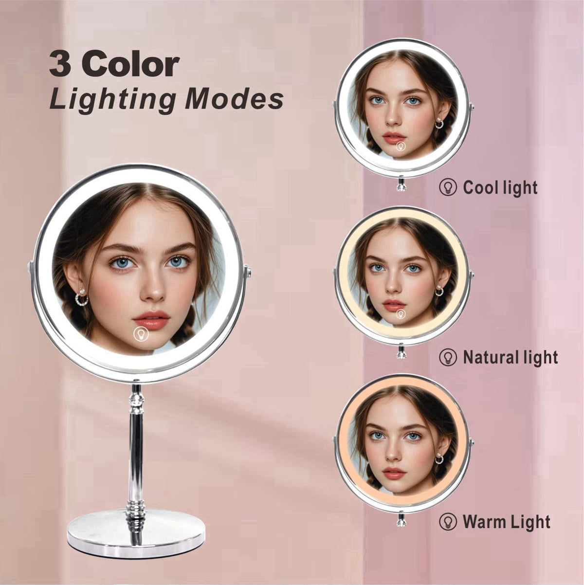 Creocasy Makeup Mirror with Lights ，8 Inch 1X/10X Rechargeable Double Sided Magnifying, 360° Rotation LED HD Mirror with