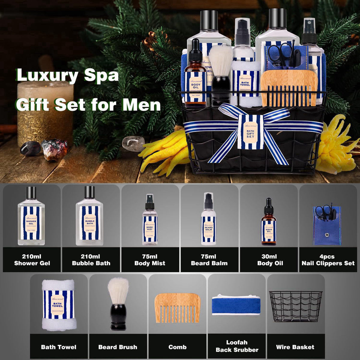 ArioseMonde 10pc Cedar Bergamot Spa Gifts for Men Spa Baskets Care Package for Men – close-up detail