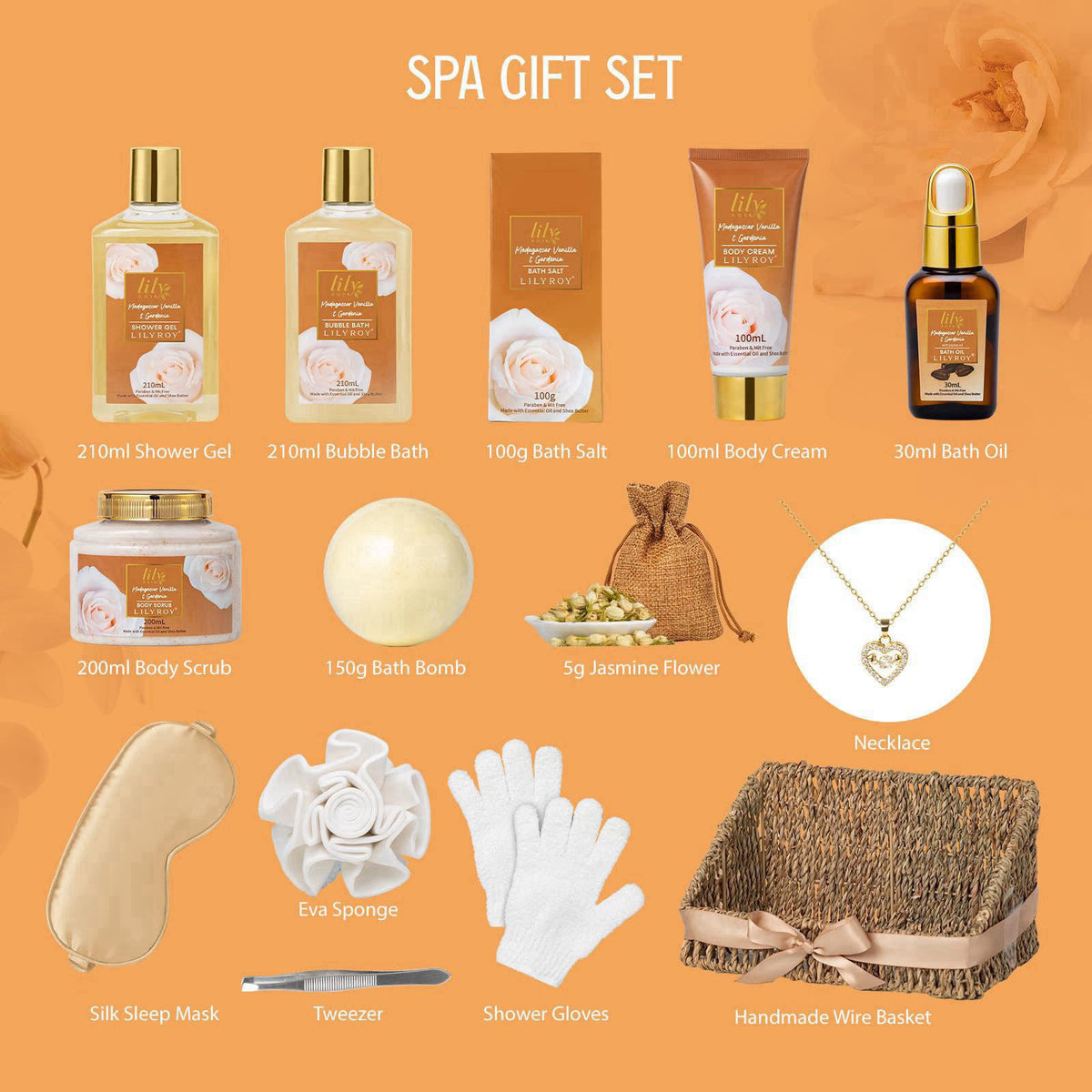 LILY ROY Woman Gifts, Birthday Gift - Luxurious Vanilla Spa Gift Baskets for Women – packaging and label