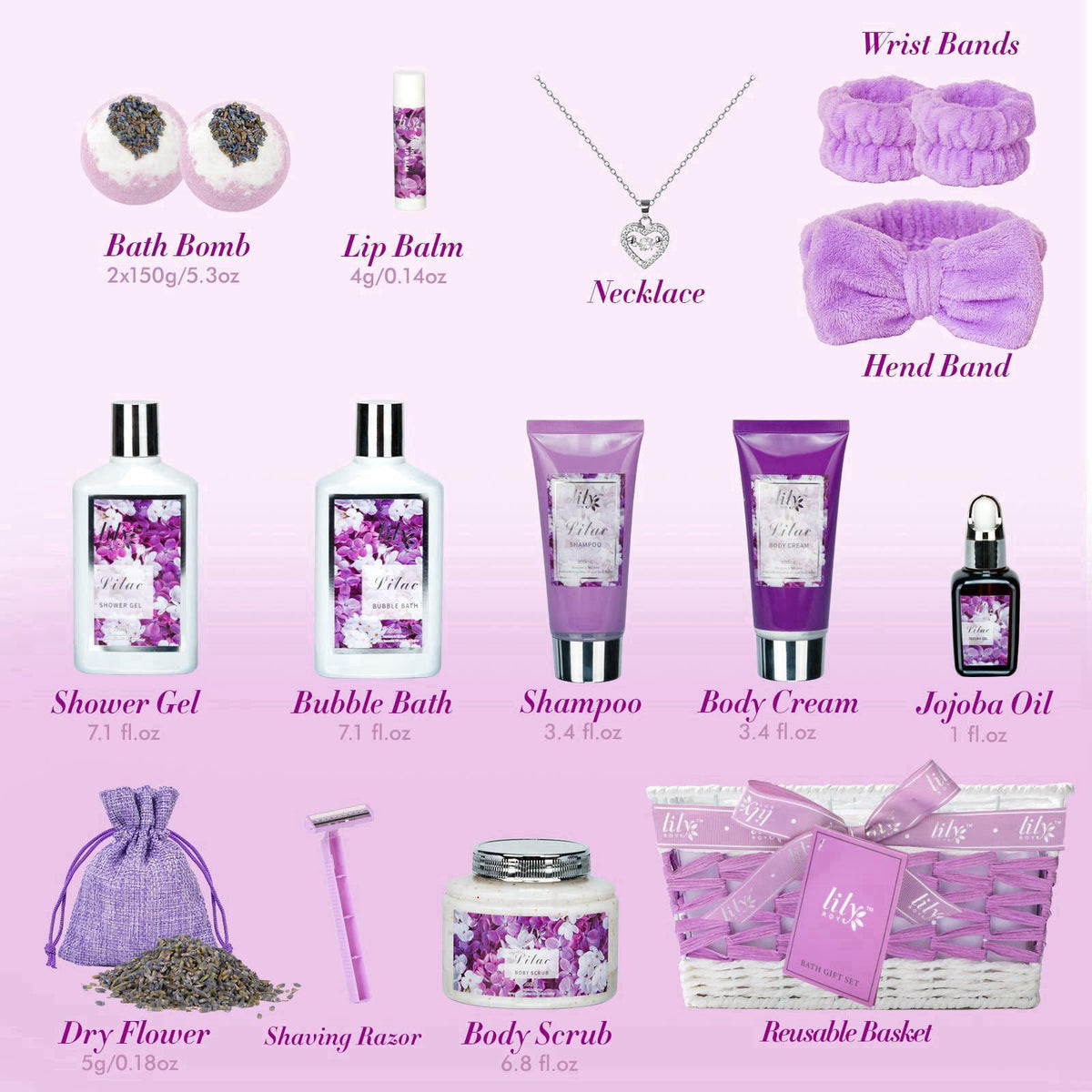 LILY ROY 17Pcs Spa Gifts Spa Kit - Perfect Lavender Lilac Spa Gift Baskets for Women – packaging and label