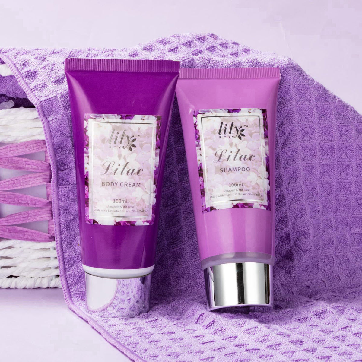 LILY ROY 17Pcs Spa Gifts Spa Kit - Perfect Lavender Lilac Spa Gift Baskets for Women – back view and specifications