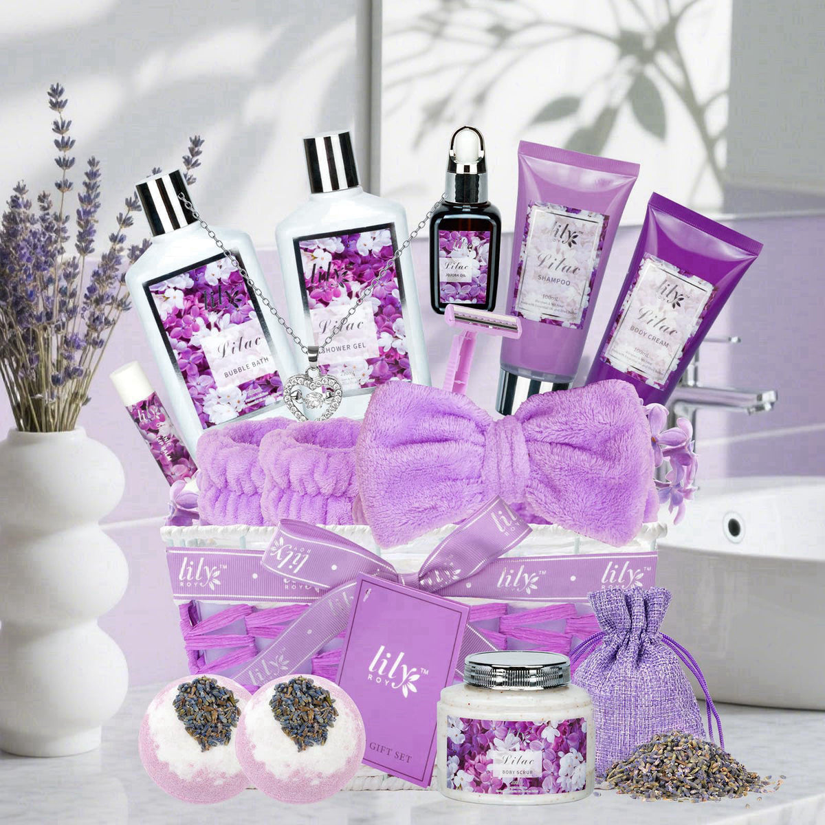 LILY ROY 17Pcs Spa Gifts Spa Kit - Perfect Lavender Lilac Spa Gift Baskets for Women – alternate angle