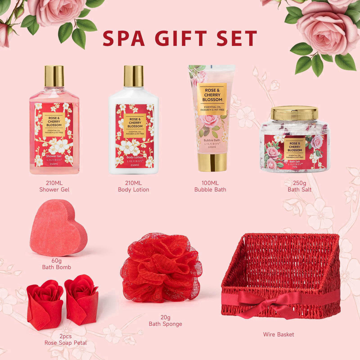 LILY ROY Spa Gifts for Mom, Birthday Gifts - 9 Pcs Bath Spa Gift Baskets for Women – packaging and label