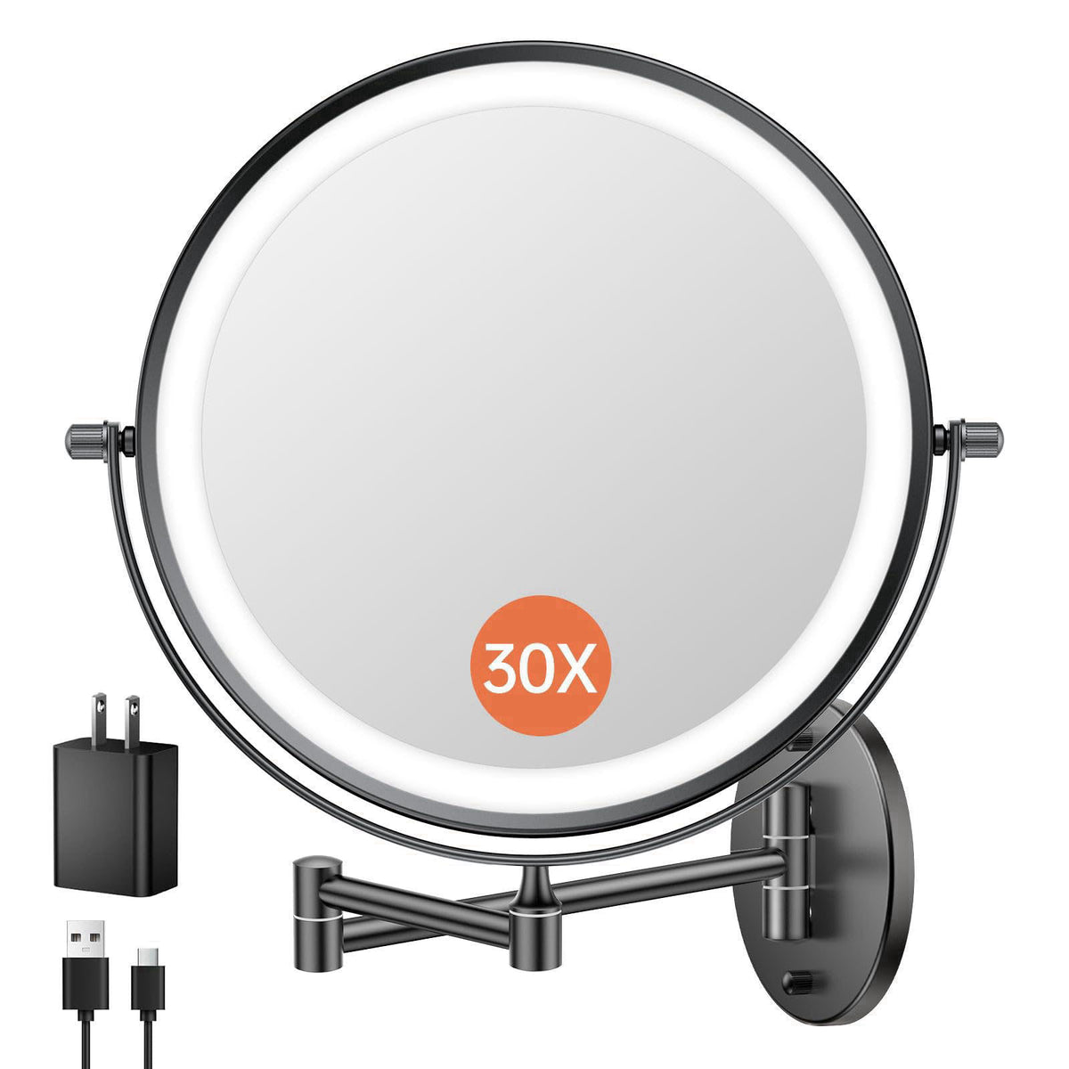 FUNTOUCH 9" Wall Mounted Lighted Makeup Mirror with Adapter,Black – Black-30x, Metal
