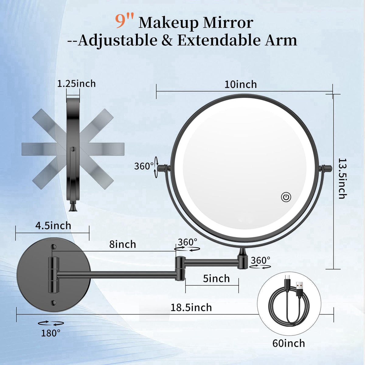 FUNTOUCH 9" Wall Mounted Lighted Makeup Mirror with Adapter,Black – close-up detail in Black-30x