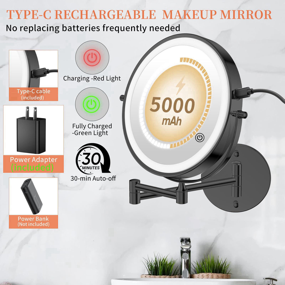 FUNTOUCH 9" Wall Mounted Lighted Makeup Mirror with Adapter,Black – packaging and label
