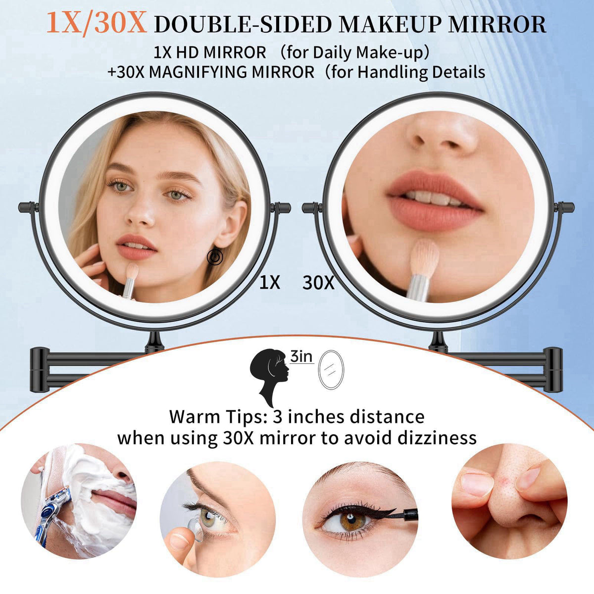 FUNTOUCH 9" Wall Mounted Lighted Makeup Mirror with Adapter,Black – full view