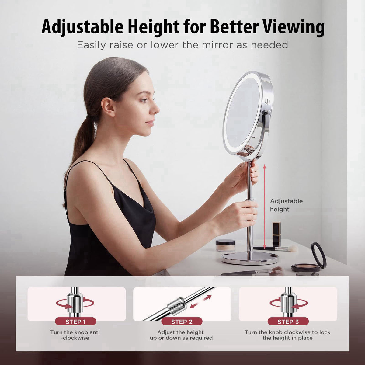 tubbede 9 Inch Double-Sided Makeup Mirror, 1X/30X, 3 LED Lights, 5000mAh – alternate angle