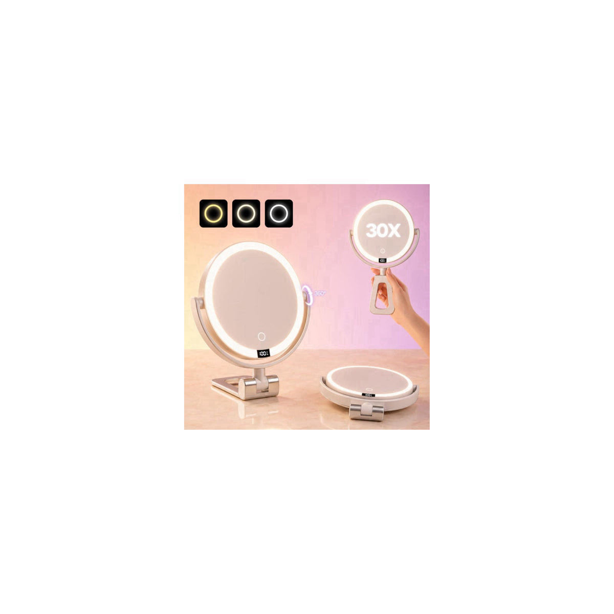 ELYYSORA 1X/30X Makeup Mirror with Lights, Rechargeable Magnifying Mirror