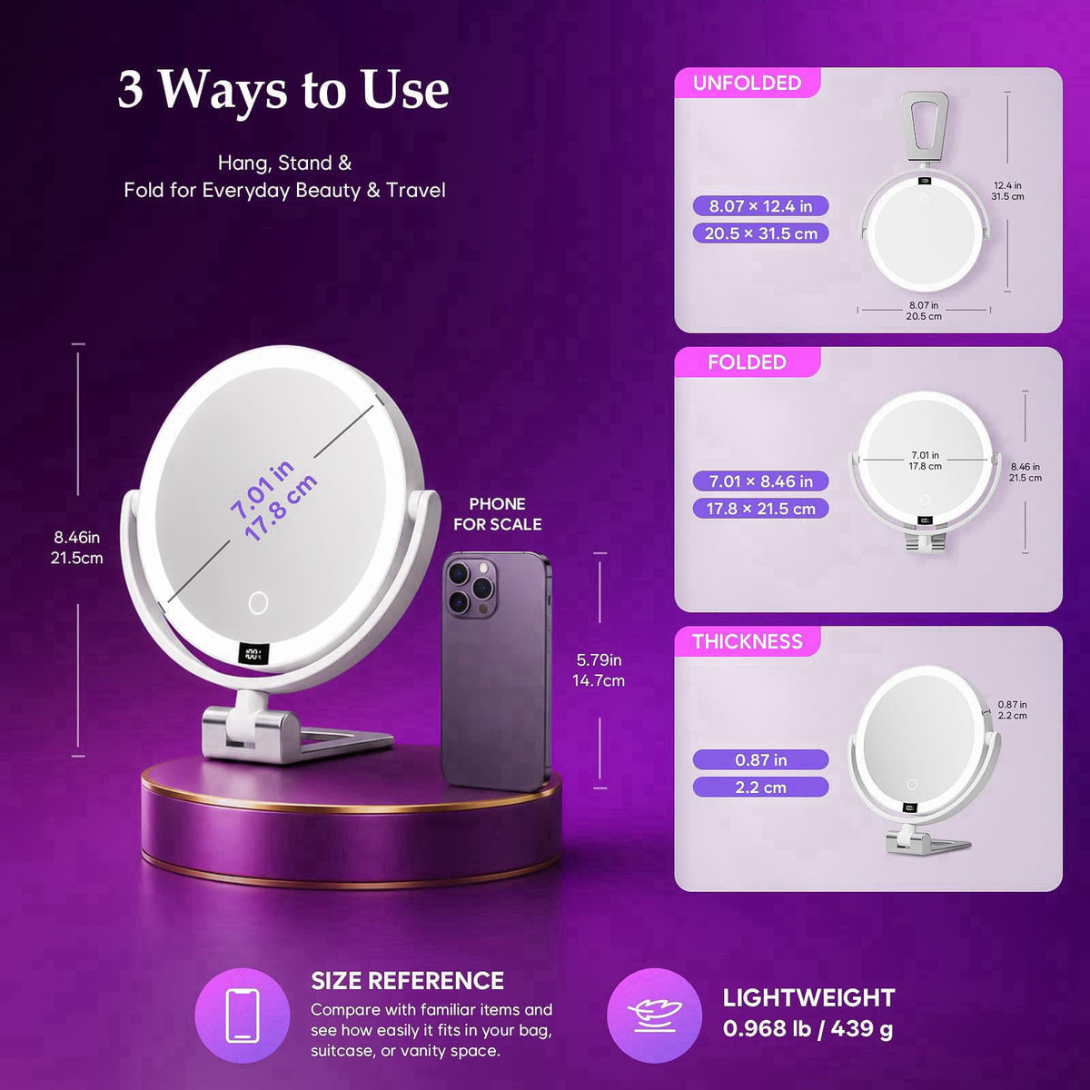 ELYYSORA 1X/30X Makeup Mirror with Lights, Rechargeable Magnifying Mirror – close-up detail