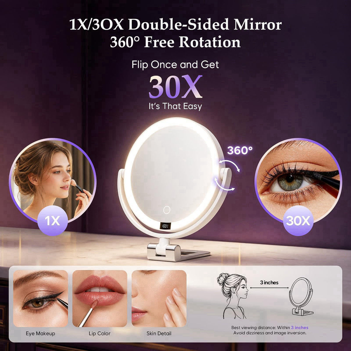 ELYYSORA 1X/30X Makeup Mirror with Lights, Rechargeable Magnifying Mirror – back view and specifications