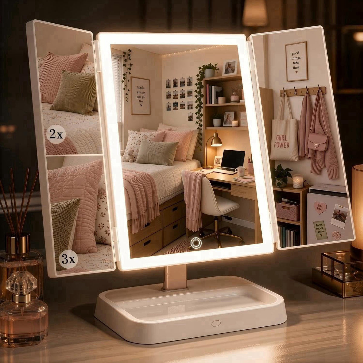 CALEPOP Makeup Mirror with Lights, Rechargeable Trifold 1X/2X/3X Magnification – product photo (Makeup Mirrors)