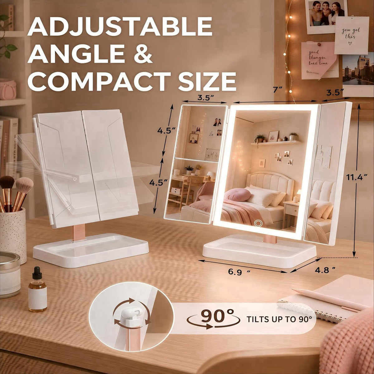 CALEPOP Makeup Mirror with Lights, Rechargeable Trifold 1X/2X/3X Magnification – close-up detail in White