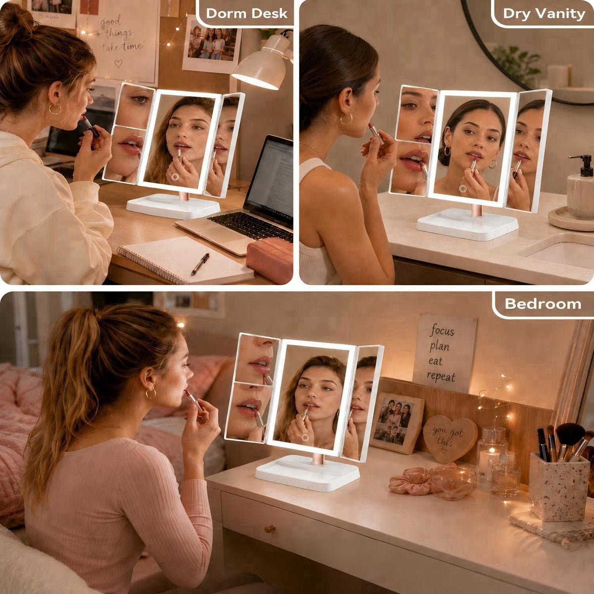 CALEPOP Makeup Mirror with Lights, Rechargeable Trifold 1X/2X/3X Magnification – packaging and label
