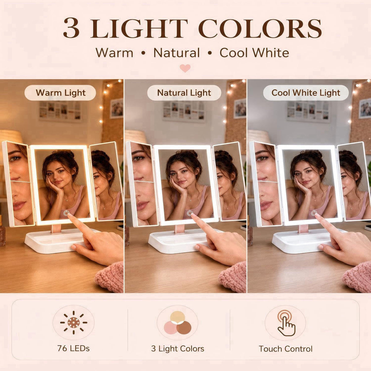 CALEPOP Makeup Mirror with Lights, Rechargeable Trifold 1X/2X/3X Magnification – full view
