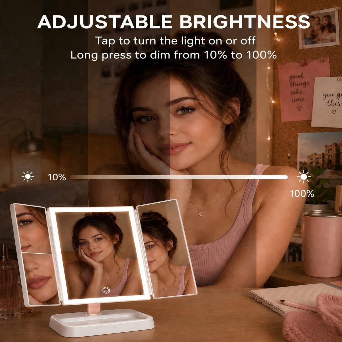 CALEPOP Makeup Mirror with Lights, Rechargeable Trifold 1X/2X/3X Magnification – back view and specifications