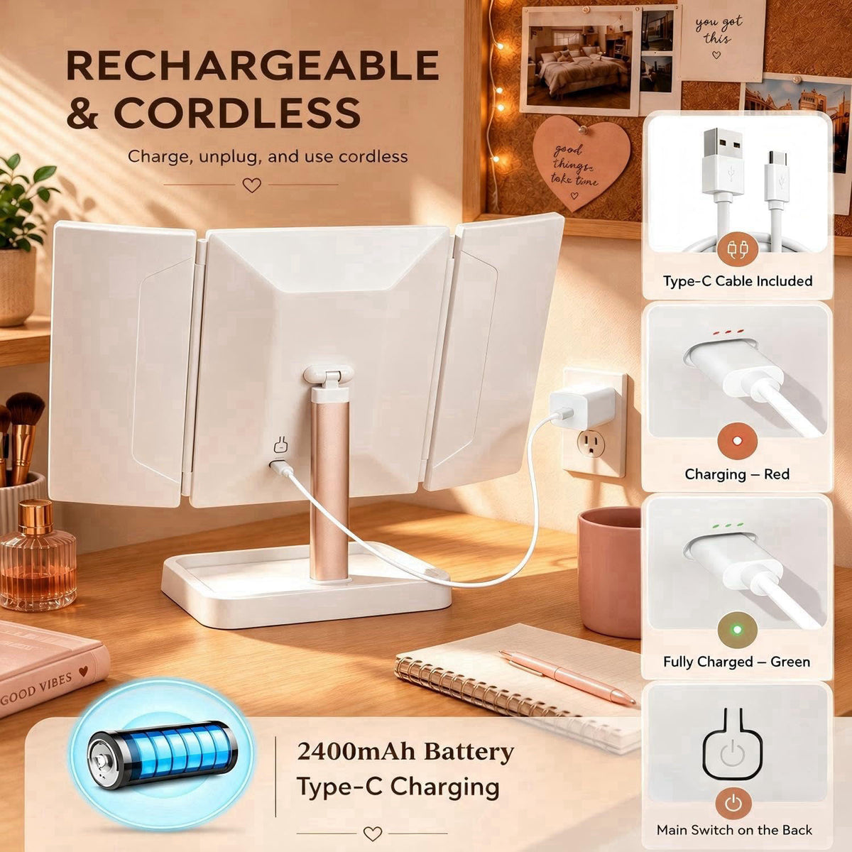 CALEPOP Makeup Mirror with Lights, Rechargeable Trifold 1X/2X/3X Magnification – alternate angle