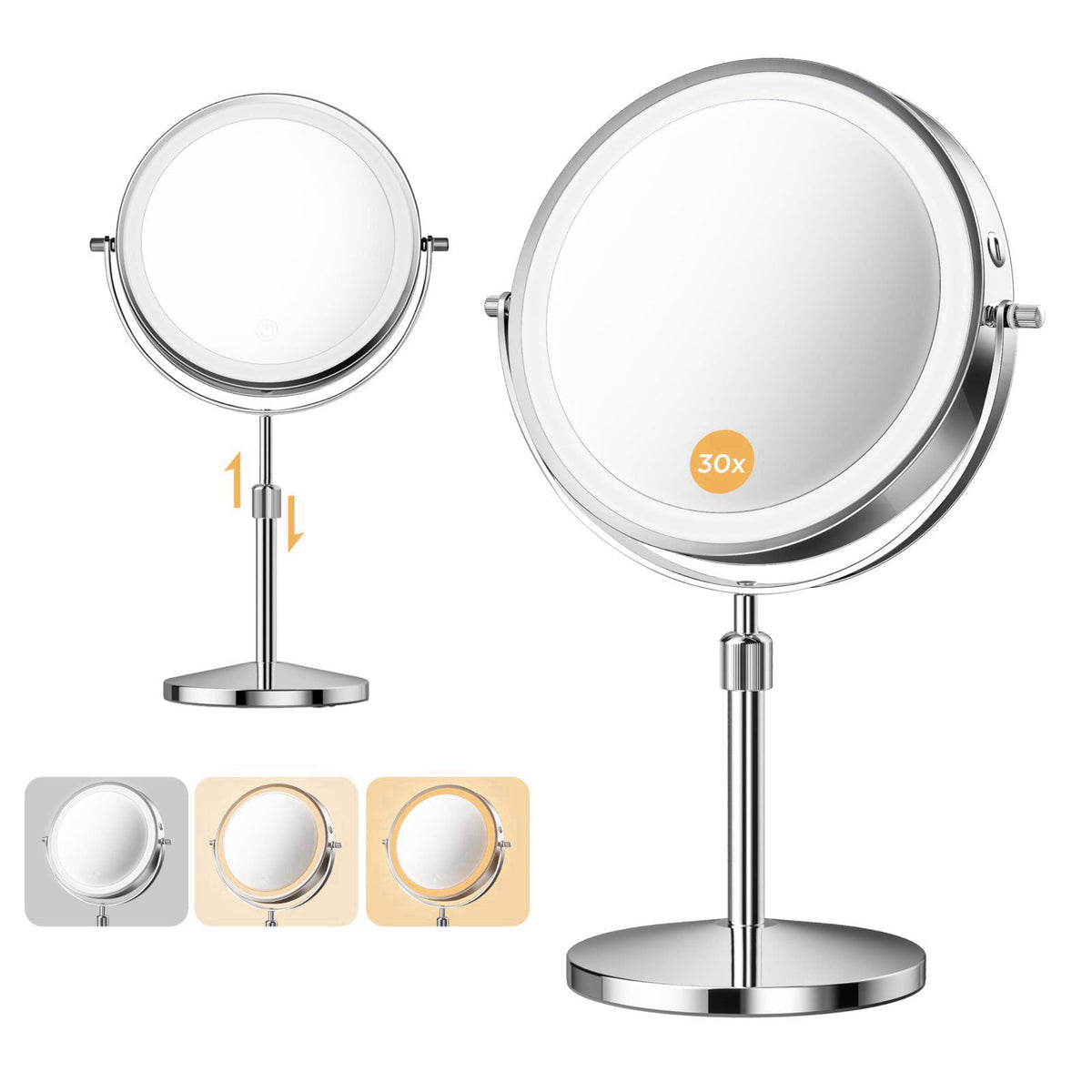 tubbede Double-Sided Makeup Mirror with Light, 1X/30X, 3 Colors, 3200mAh – product photo (Makeup Mirrors)