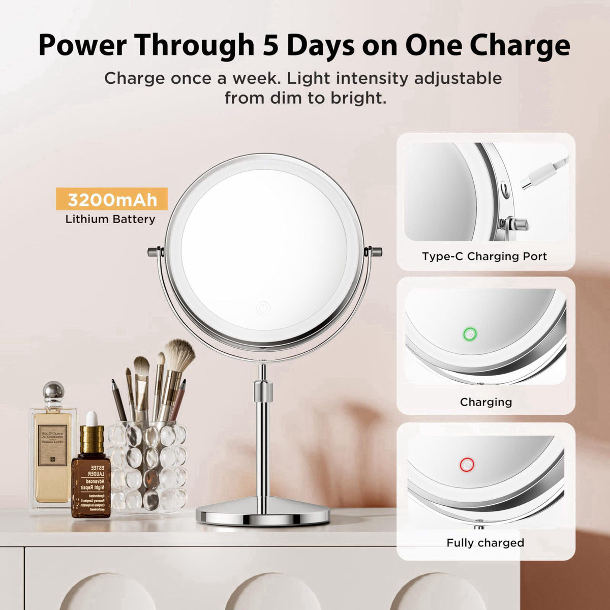 tubbede Double-Sided Makeup Mirror with Light, 1X/30X, 3 Colors, 3200mAh – back view and specifications