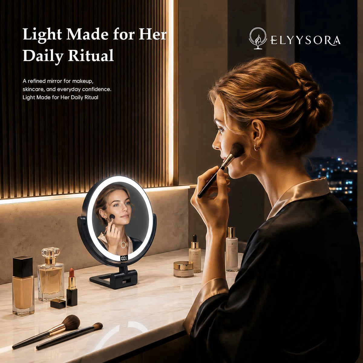 ELYYSORA 1X/30X Makeup Mirror with Lights, Magnifying Mirror (Black) – packaging and label