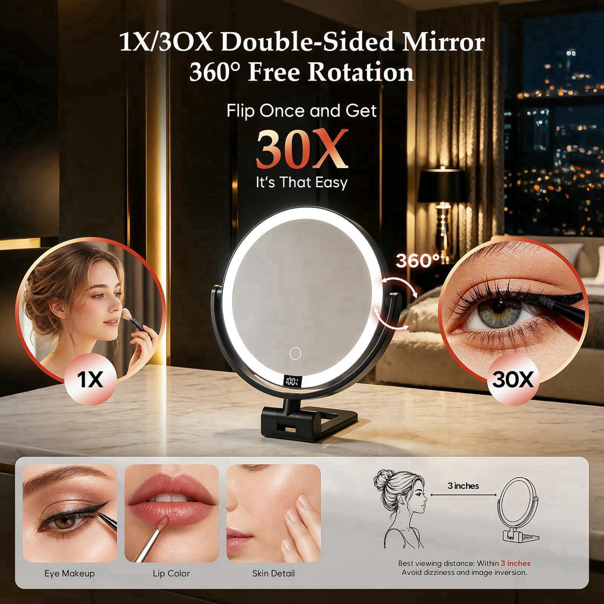 ELYYSORA 1X/30X Makeup Mirror with Lights, Magnifying Mirror (Black) – alternate angle