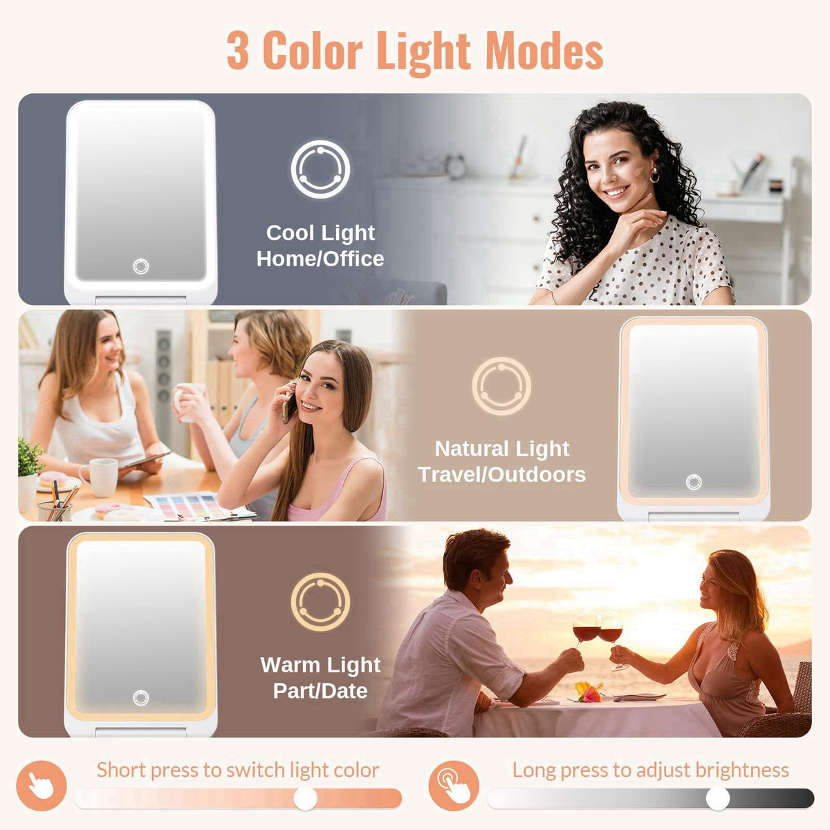 EASEHOLD Travel Makeup Mirror with Lights, Rechargeable, 1X/3X Magnification, White – full view