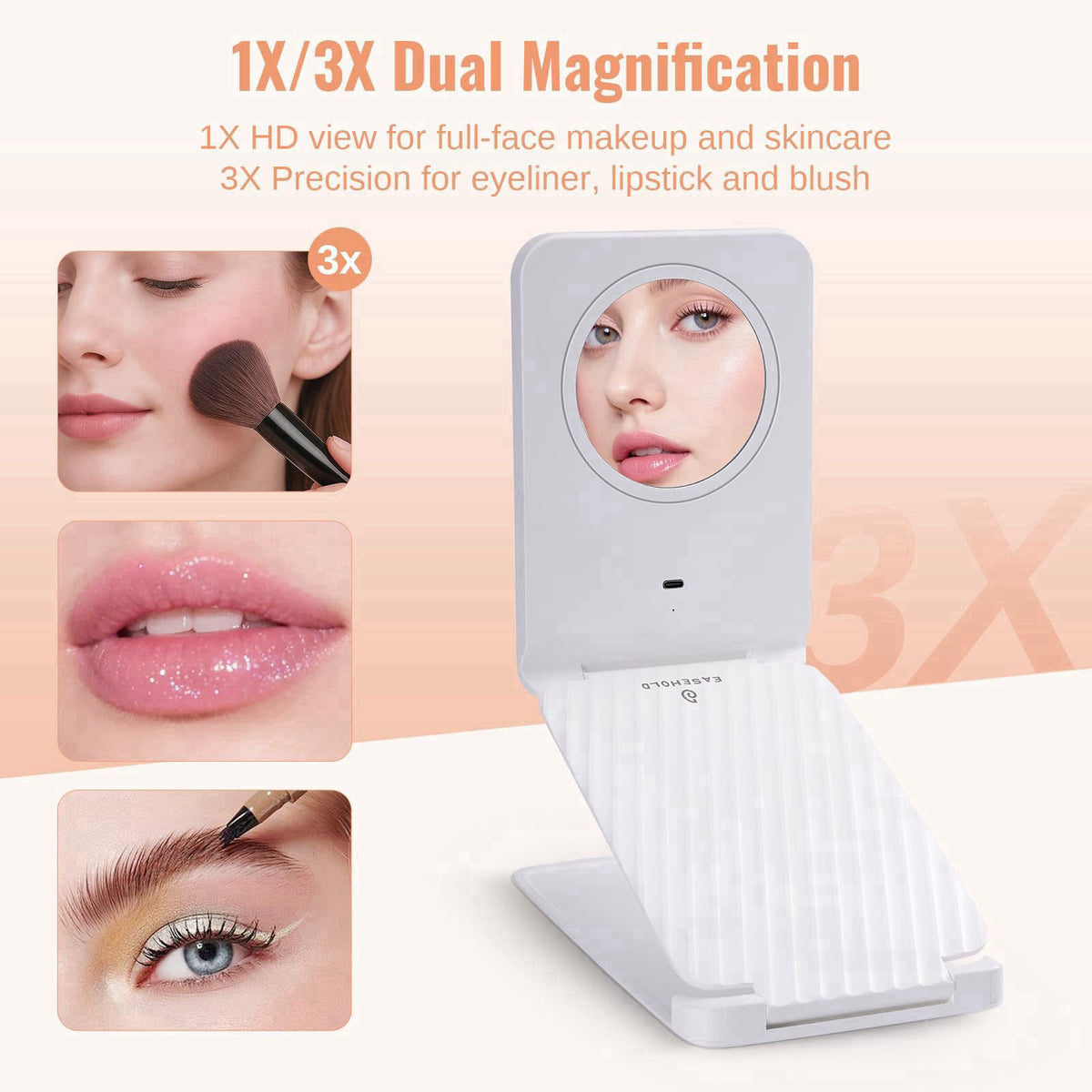 EASEHOLD Travel Makeup Mirror with Lights, Rechargeable, 1X/3X Magnification, White – back view and specifications
