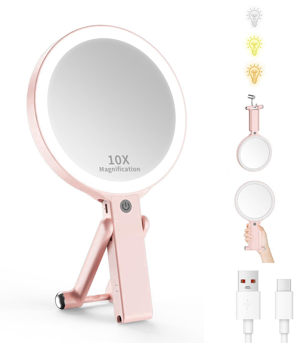 XXZU Makeup Mirror with Lights, Vanity Mirror with 1X/10X Magnifying Mirror – Pink, Acrylonitrile Butadiene Styrene (ABS