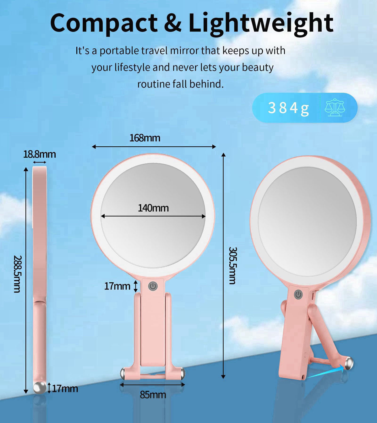 XXZU Makeup Mirror with Lights, Vanity Mirror with 1X/10X Magnifying Mirror – close-up detail in Pink