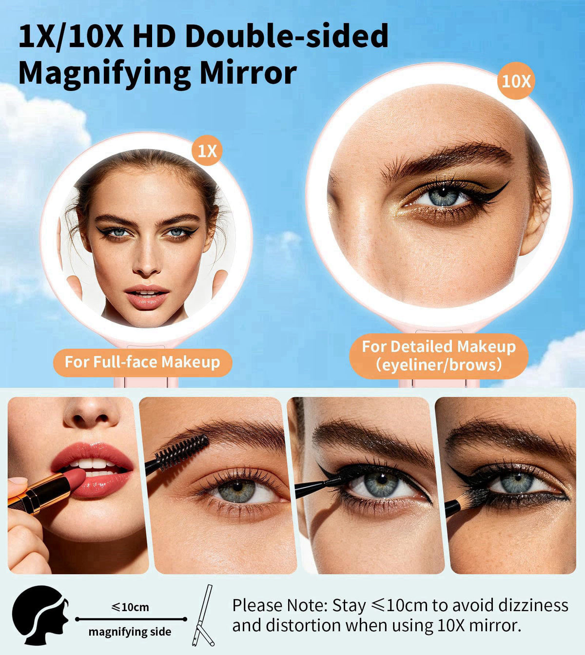 XXZU Makeup Mirror with Lights, Vanity Mirror with 1X/10X Magnifying Mirror – back view and specifications