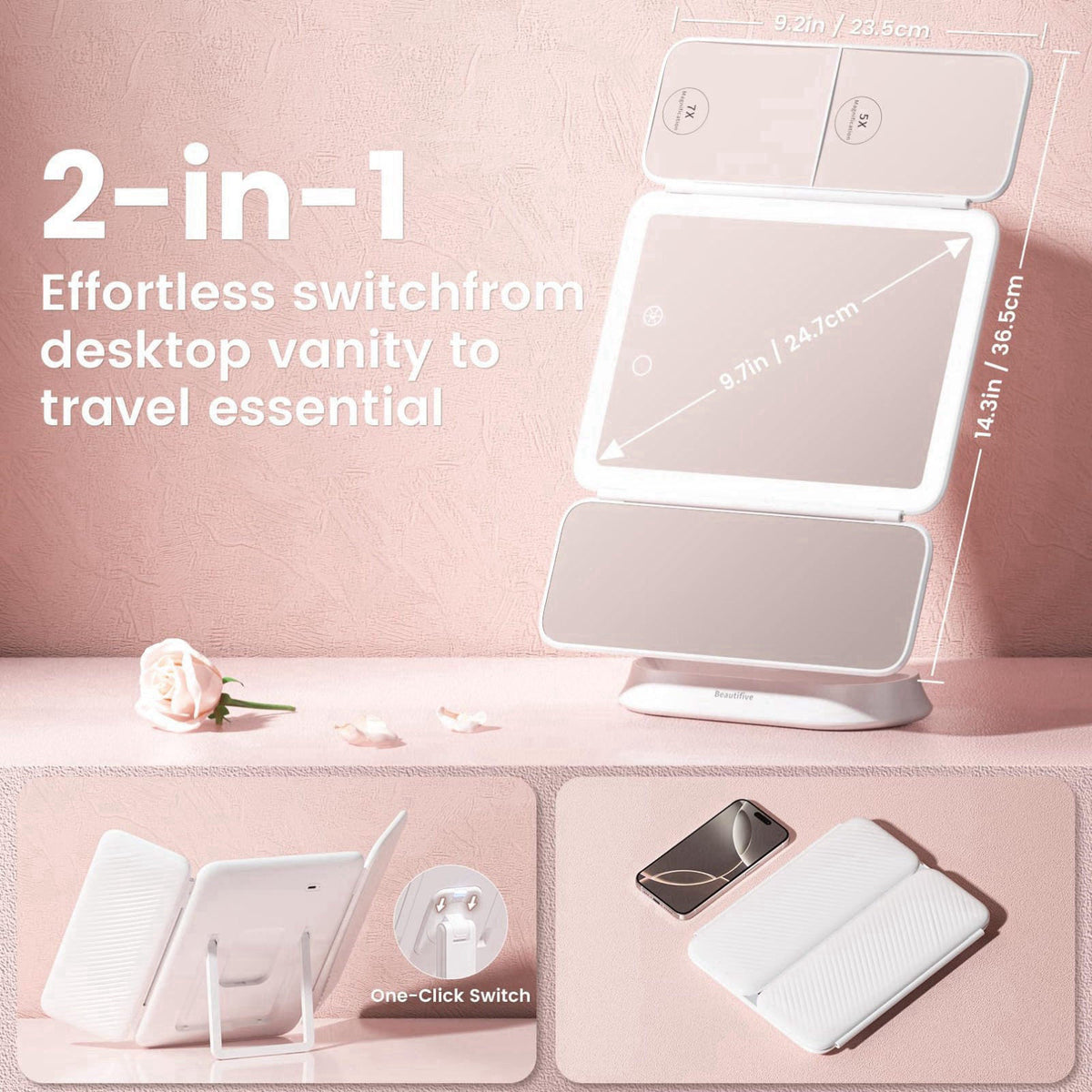 Beautifive Makeup Mirror with Lights and 7X/5X/1X Magnification Vanity Mirror – close-up detail in Pearly White