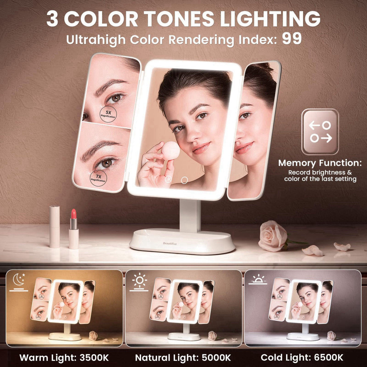 Beautifive Makeup Mirror with Lights and 7X/5X/1X Magnification Vanity Mirror – full view