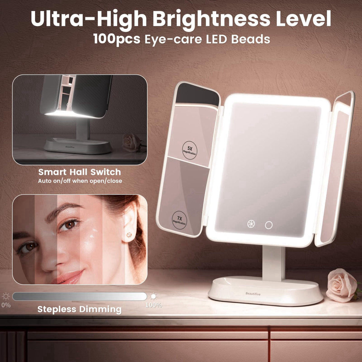 Beautifive Makeup Mirror with Lights and 7X/5X/1X Magnification Vanity Mirror – back view and specifications