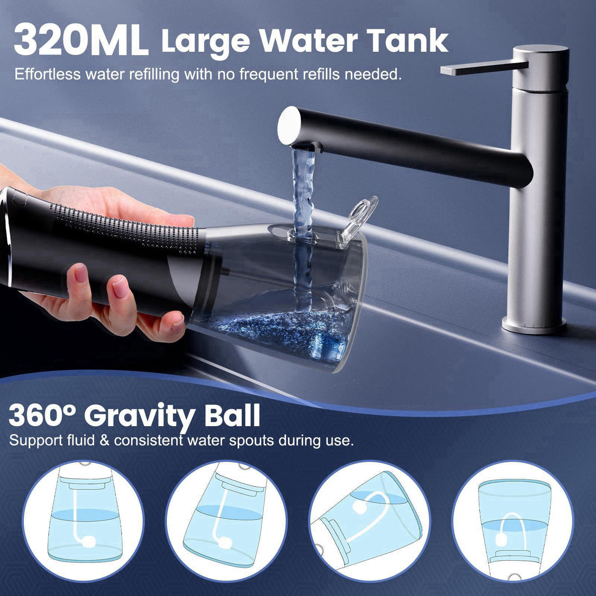 Reure Cordless Water Flosser for Teeth Cleaning, Gums & Braces, 5 Cleaning Modes with DIY Mode, 6 Jet Tips, 320ml Water 